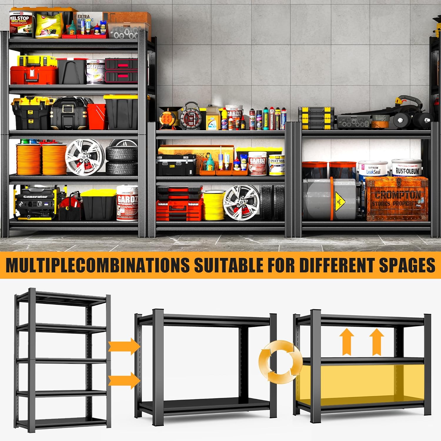 4-Tier Heavy Duty Metal Garage Shelving Units, Adjustable & Detachable Storage Shelves, Industrial Steel Rack Shelf for Garage Storage, Tools, & Equipment (Black-63.00H*39.37W, 15.75D-4Tier)