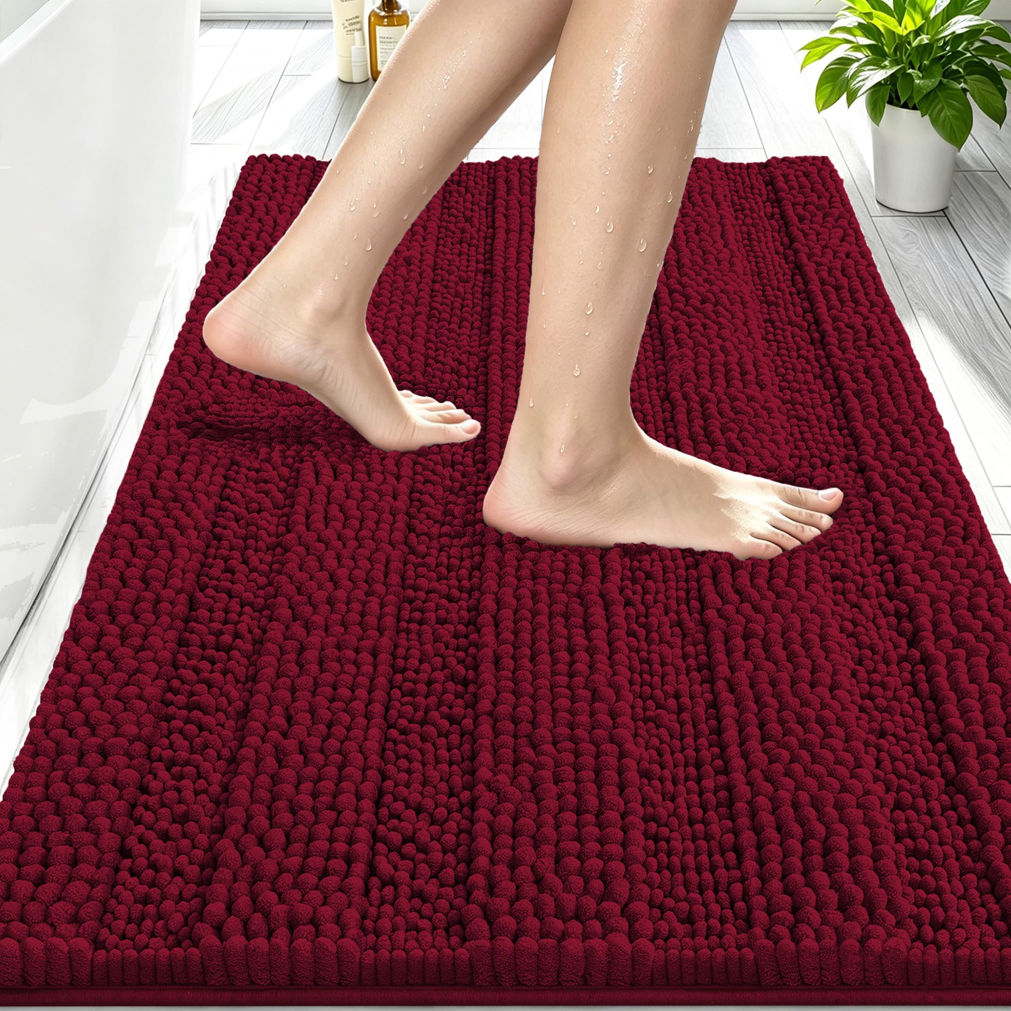 Smiry Thick Chenille Bathroom Rugs 30x20, Soft Absorbent Bath Mat, Burgundy