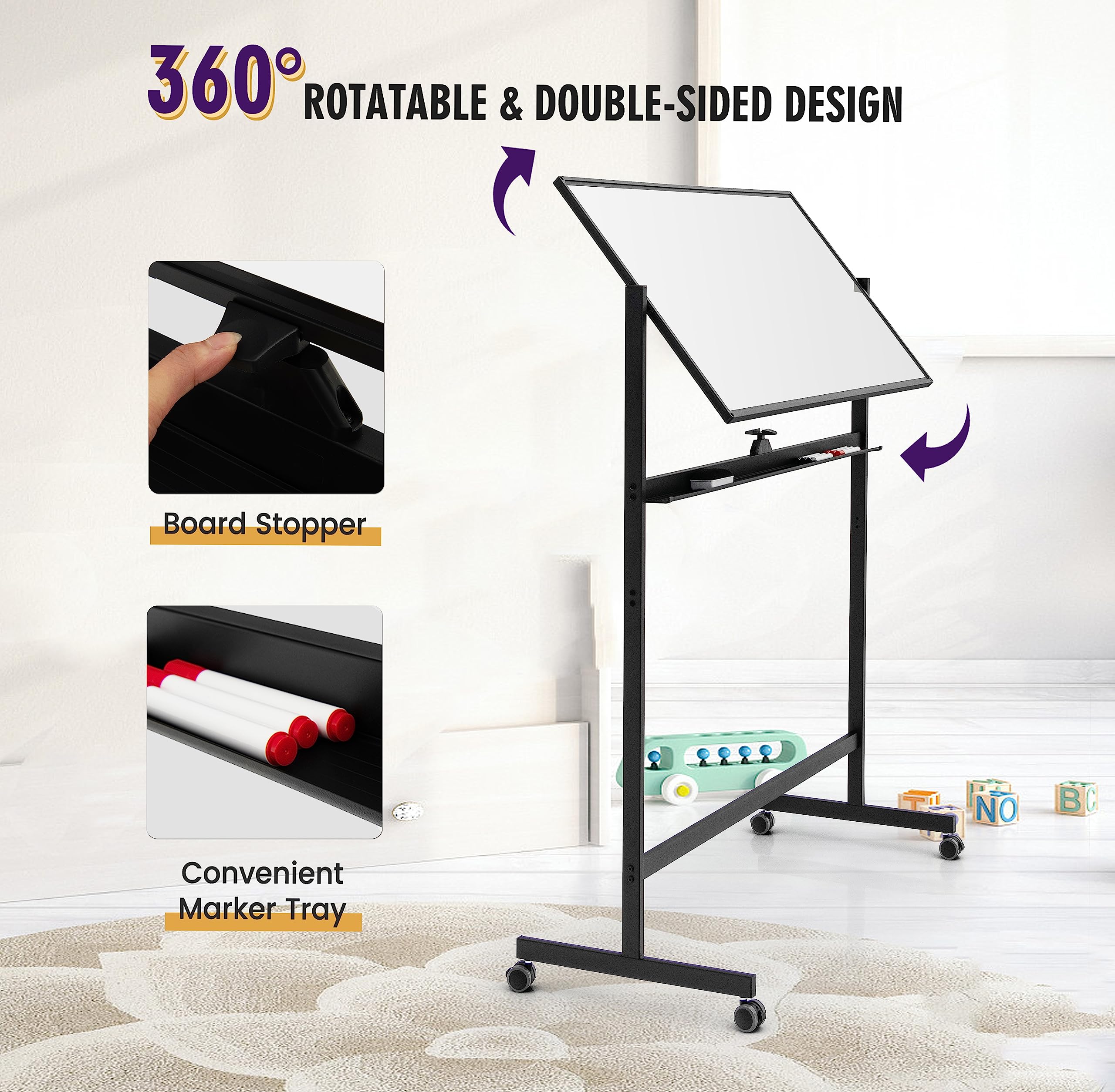 LIFEZEAL Mobiel whiteboard, dubbelzijdig magneetbord met standaard