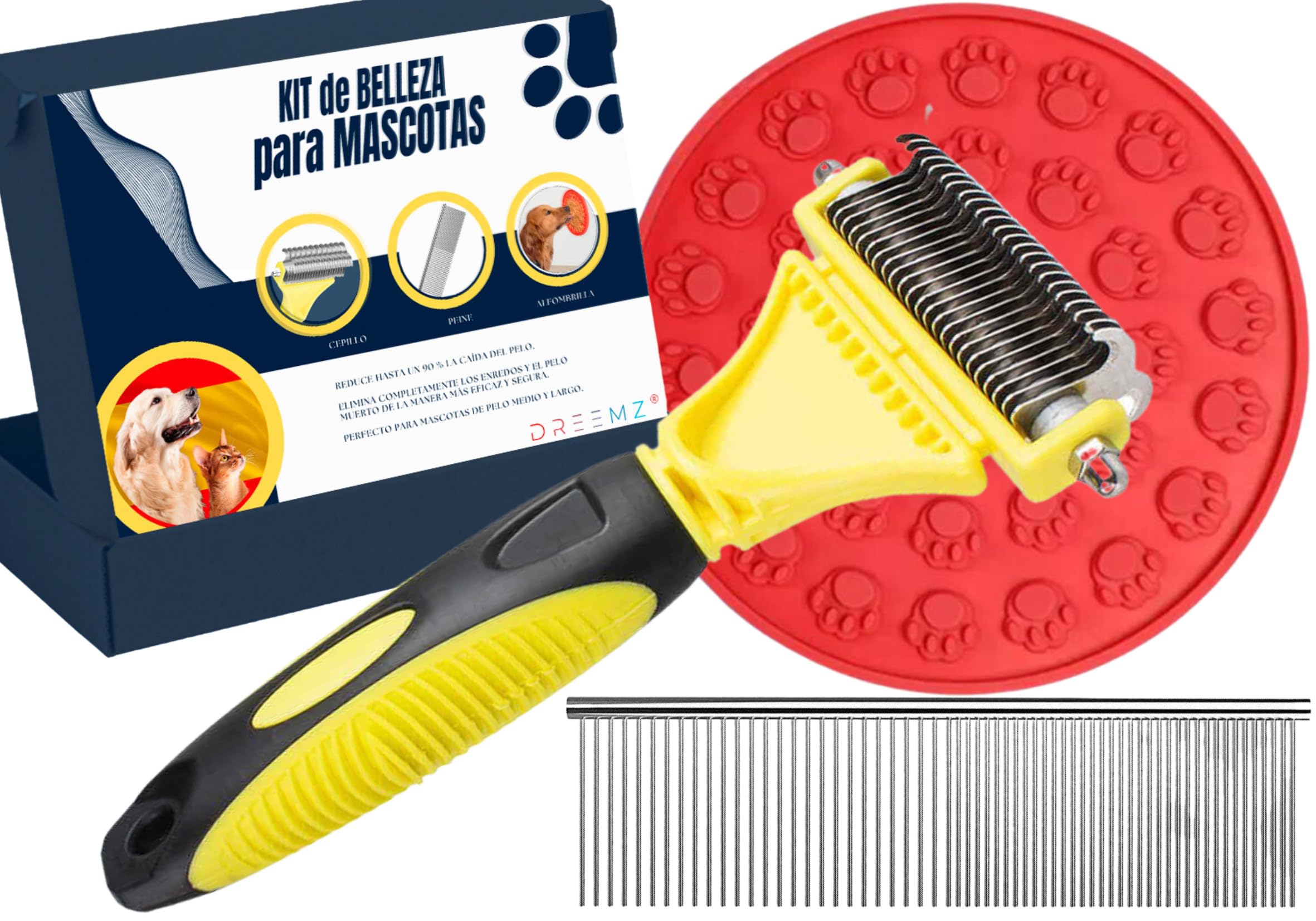 DREEMZ Cepillo Perro y Gato Peine Mascotas Rastrillo Deslanador Pelo medio y largo para mascotas pequeñas, medianas, grandes. Desenreda los nudos y elimina pelo muerto.