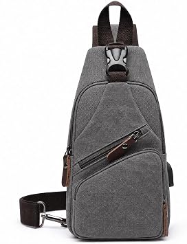 VARLIVOO Vintage Men's Sling Bag Canvas Chest Bag with USB Charging Port Sports Shoulder Bags Hiking Crossbody Bag Anti-Theft Sling Backpack Casual Daypack for Travel Camping Cycling Grey