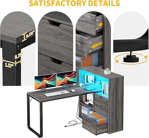 Miniatura 7 de DWVO - Escritorio en forma de L con cajones, escritorio de esquina para computadora de 55" con estante, tomas de corriente y luces LED, escritorio