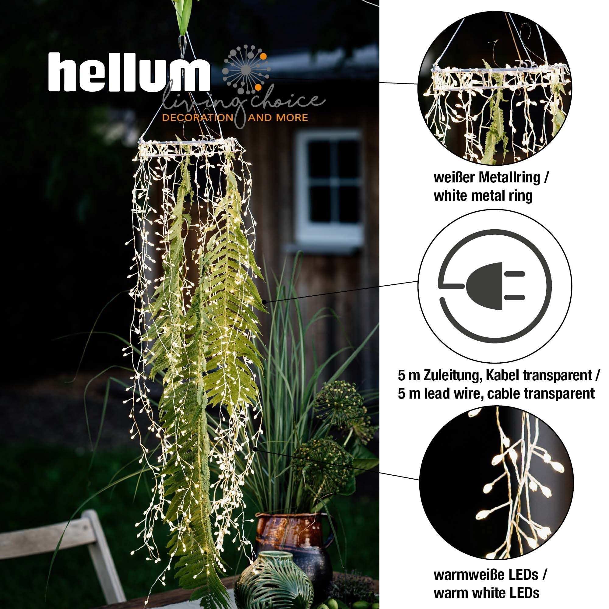 hellum LED ring mit Lichterbündel mit Timer, dimmbar, 1280 warmweiße LEDs, ring ø 30cm, H 2,1m, mit 18 Cluster-Lichterkette für außen, Weihnachtsdeko, Hochzeitdeko, Gartendeko, 578676