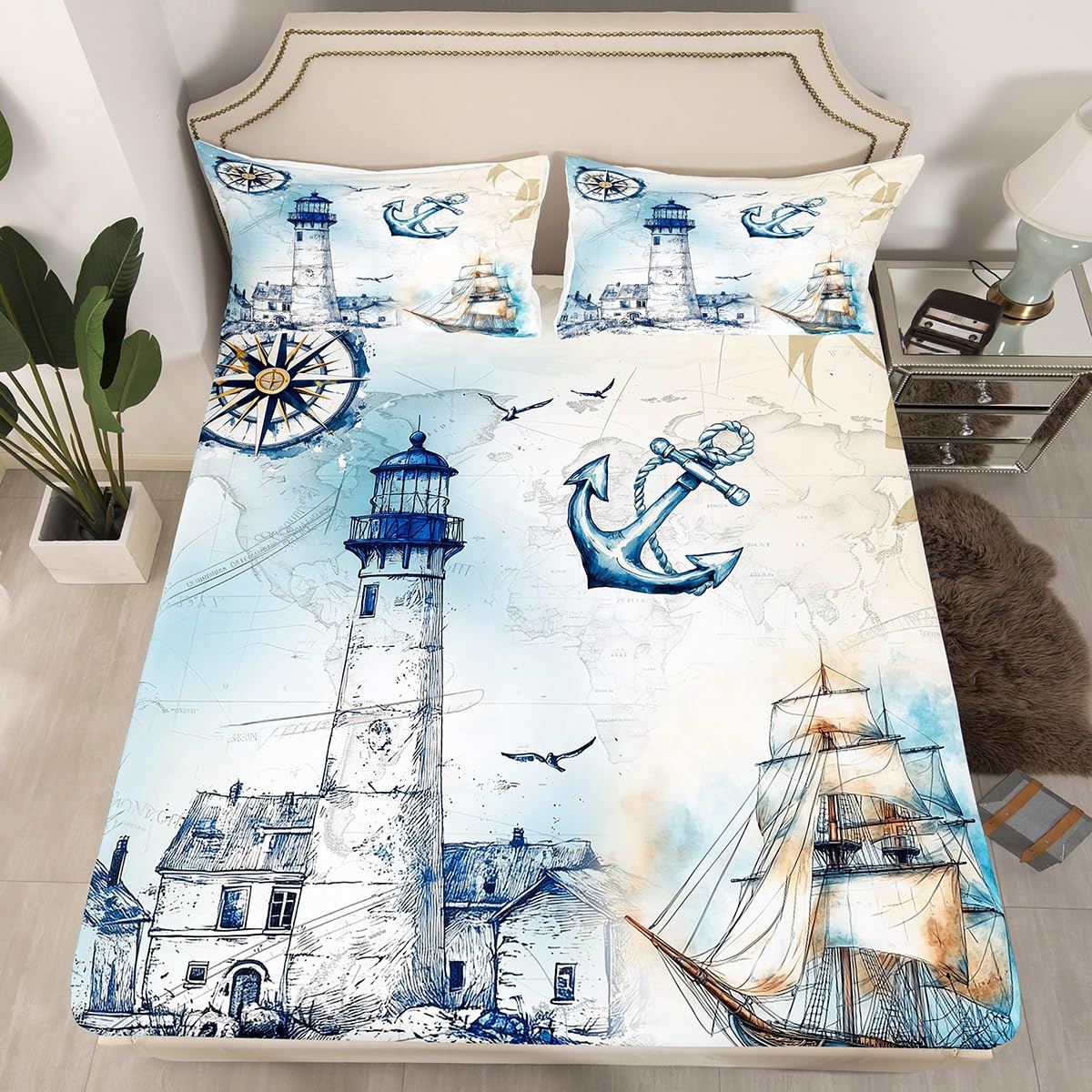 jejeloiu Beacon Fitted Sheet Twin Size Nautical Bedding Set for Boys Girls Teens Sailboat Printed Bed Sheets Set Canal Blue
