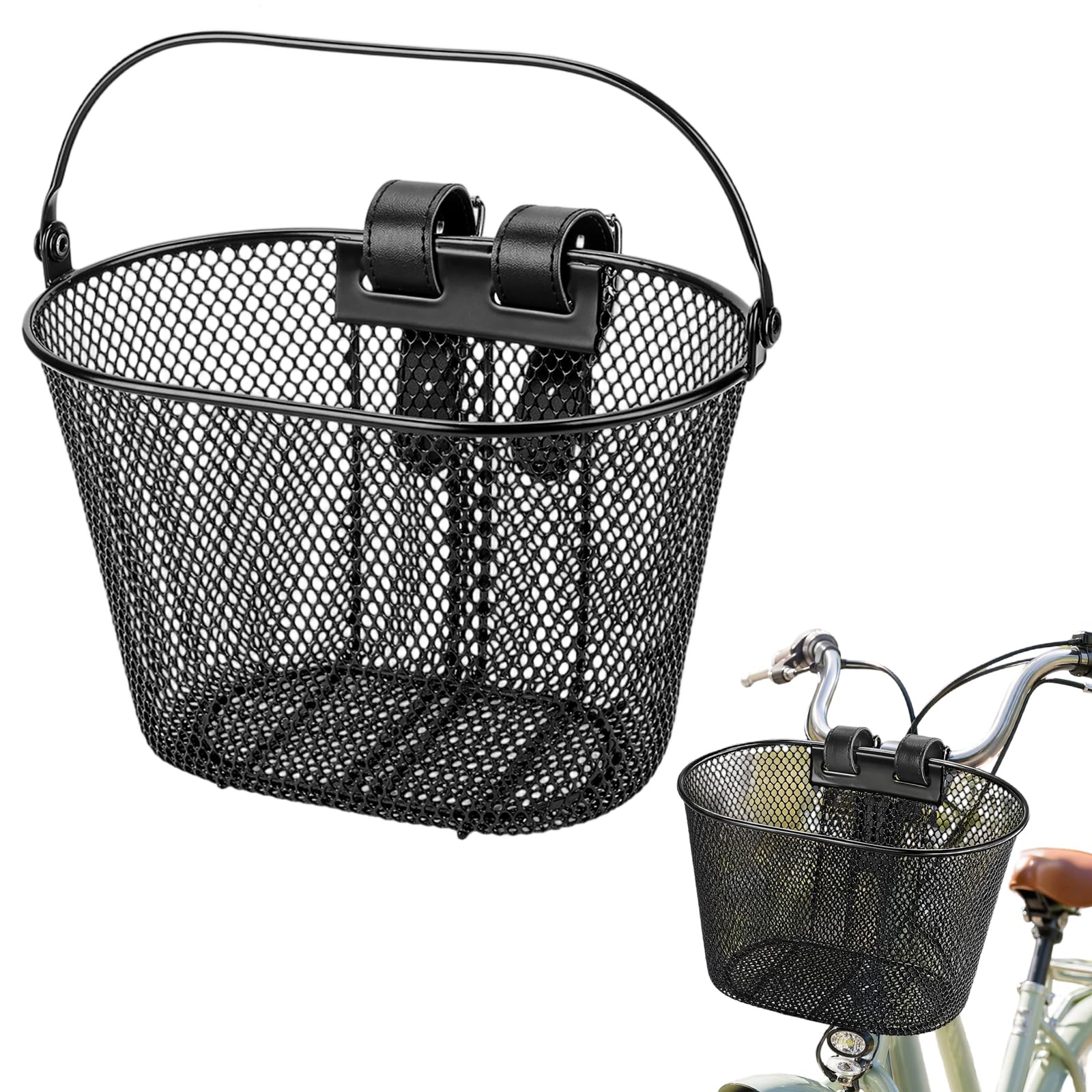 Children's Bicycle Basket Metal Front, Bicycle Basket for Boys and Girls with Adjustable PU Strap, Front Bicycle Basket Suitable for Most Children's Bicycles and Tricycles (Black)