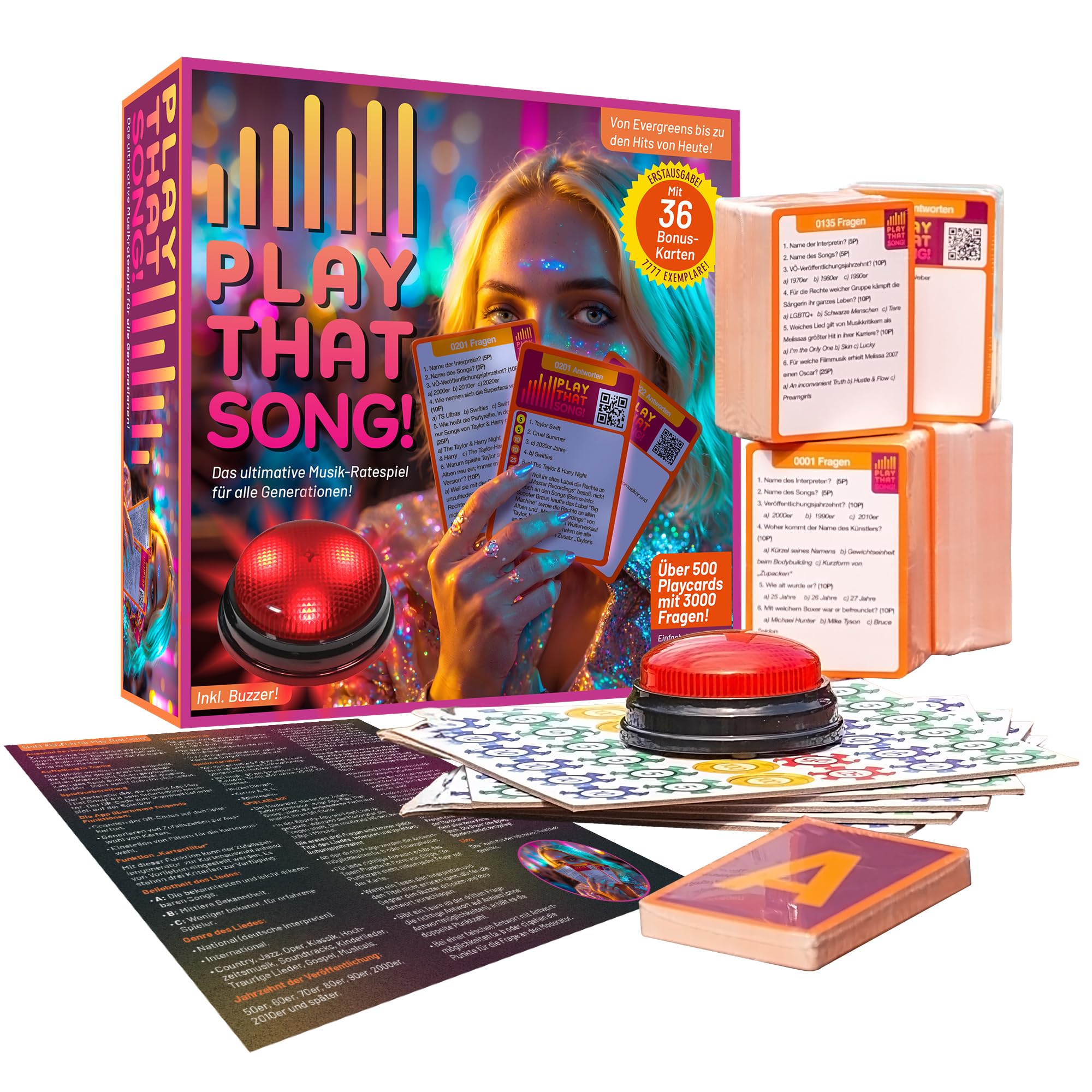 Play That Song! – Neues Musikpartyspiel - 500 Playcards, 3000 Fragen - Musik Quiz Spiel mit App, QR-Code & Buzzer - Heitere Hitstar Partyspiele für Erwachsene, Jugendliche, Familien & Geburtstage