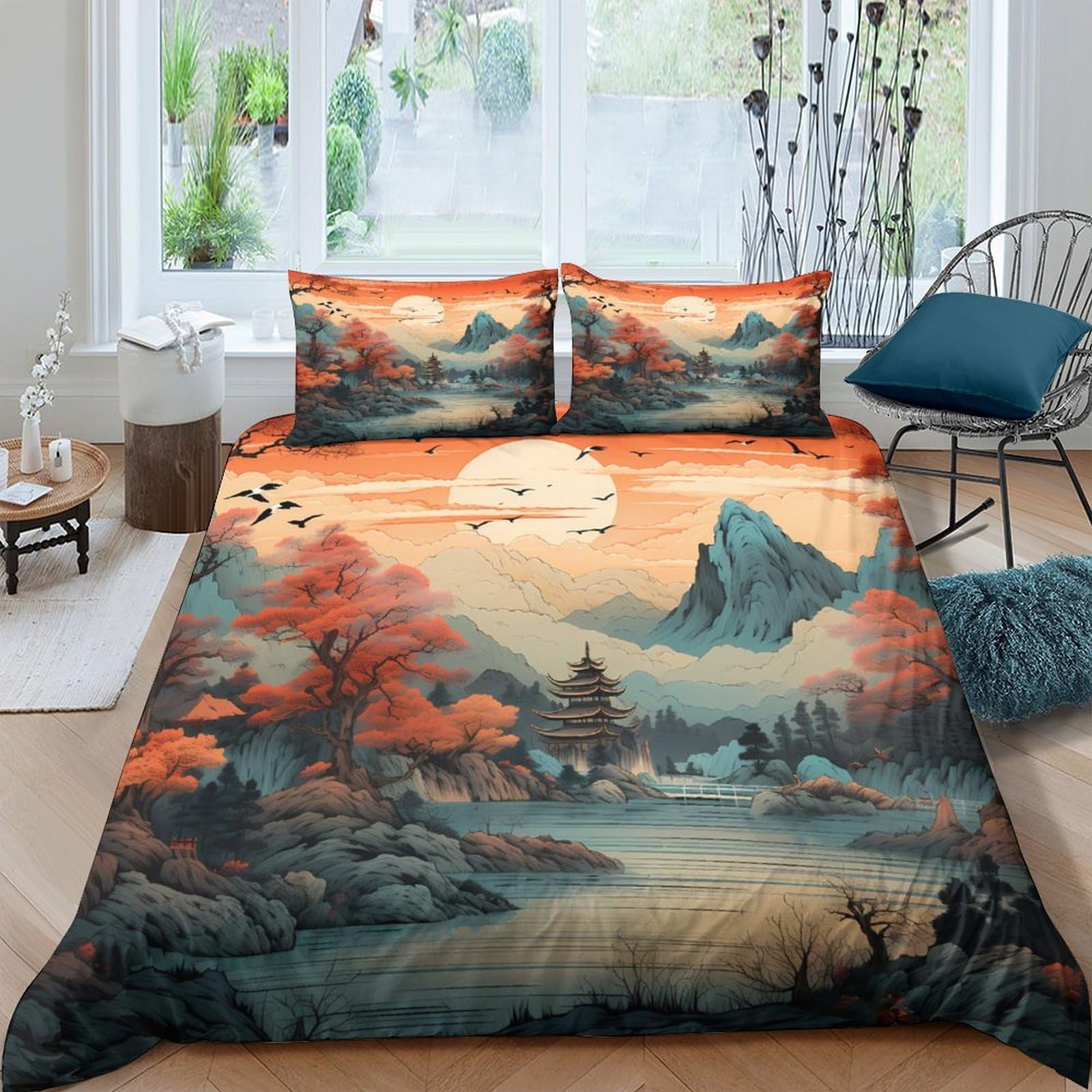 Ctjqhvkz Style-1 3D Printed Japanese Landscape Fitted Sheet Microfiber Soft Autumn Sunset Mattress Cover For Bedroom Decor Single（135X200cm）