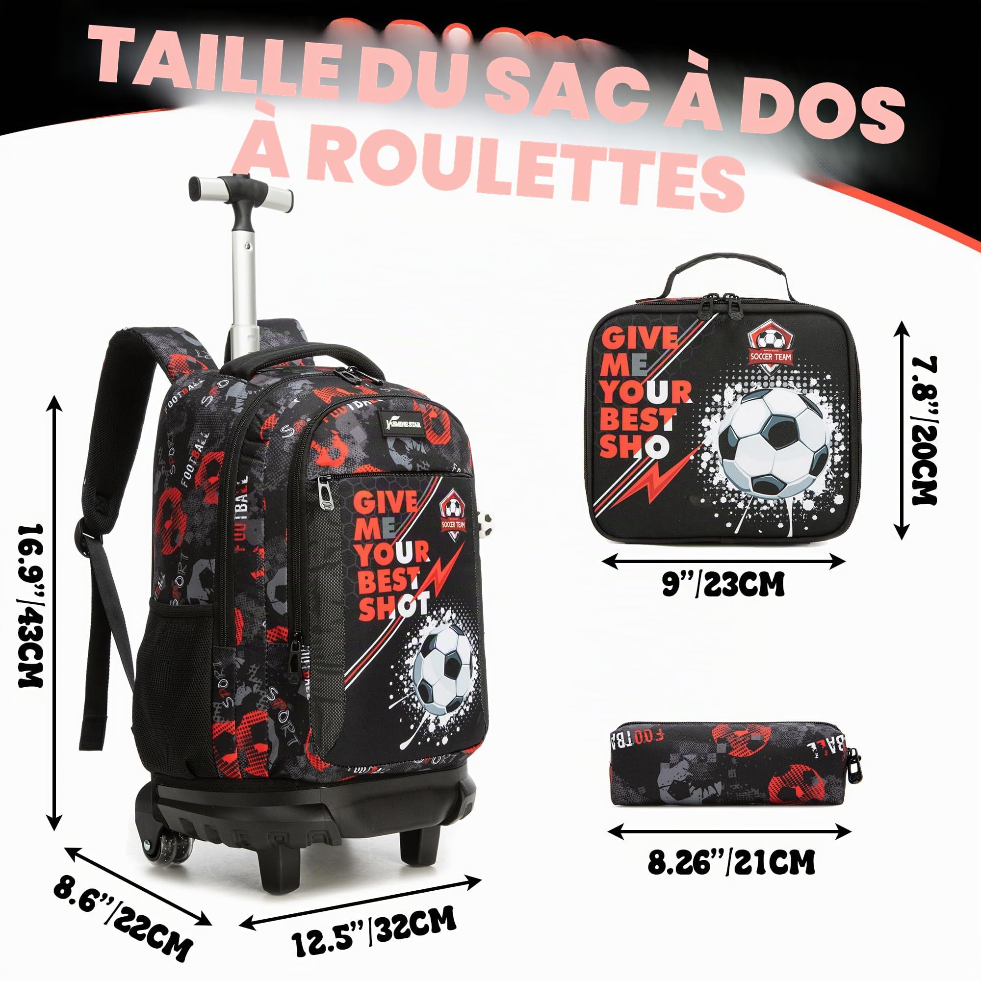 HTgroce Sac à Dos à Roulettes Garçon Primaire – Set 3 Pièces avec Sac à Déjeuner & Trousse – Cartable Trolley Rentree Scolaire CP CE1 CE2 CM1
