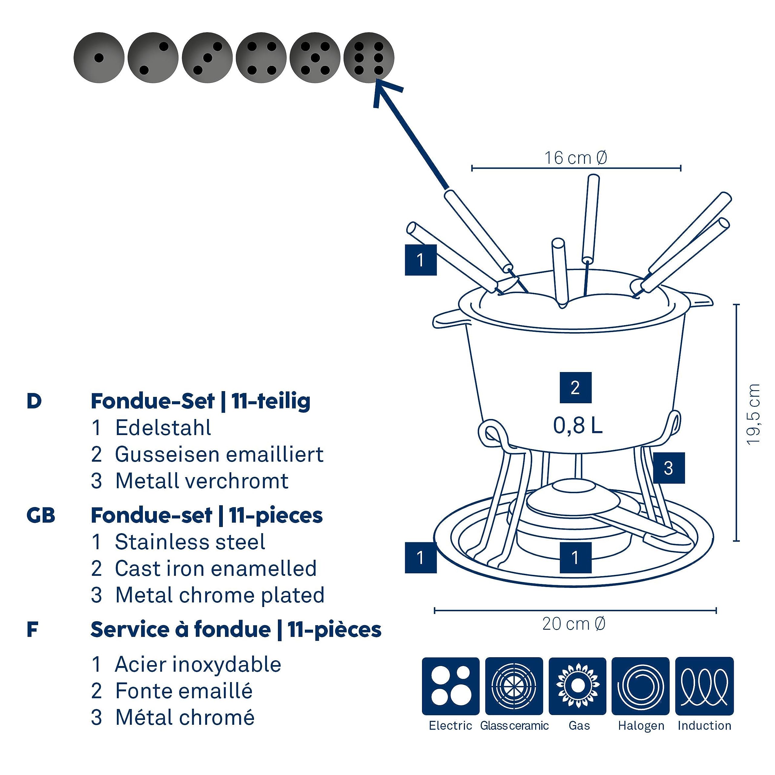 kela Fleischfondue Set 11tlg, Gusseisen Fondue für 6 Personen COMORE, Fondueset mit Brennpastenhalter, Gabeln, Gabelhalter