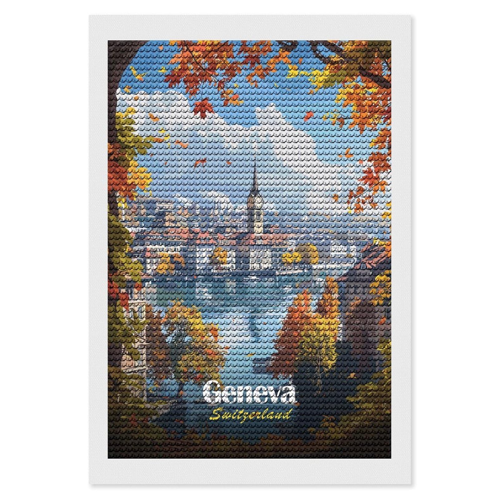 Junmoney Geneva, Switzerland Autumn View Diamond Painting Kit 8"x12", Easy Handmade Project, Easy to Enjoy, Aesthetic Room Decor, Christmas Gift