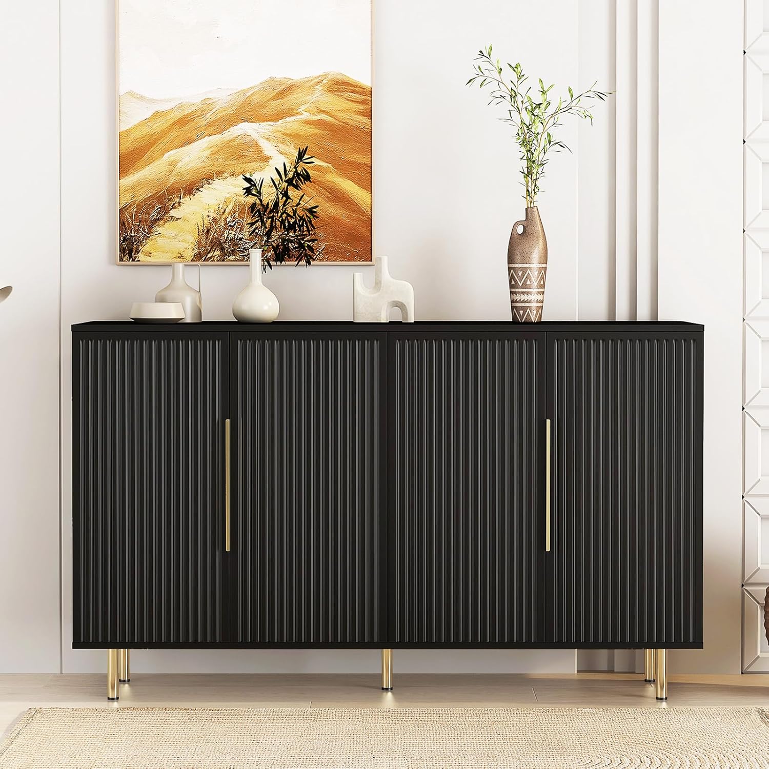 Sideboard Cabinet, 56" Large Buffet Cabinet with Storage, Wood Credenza Storage Cabinet with 4 Fluted Decorative Doors and Adjustable Shelves, for Living Room, Kitchen, Entryway, Black