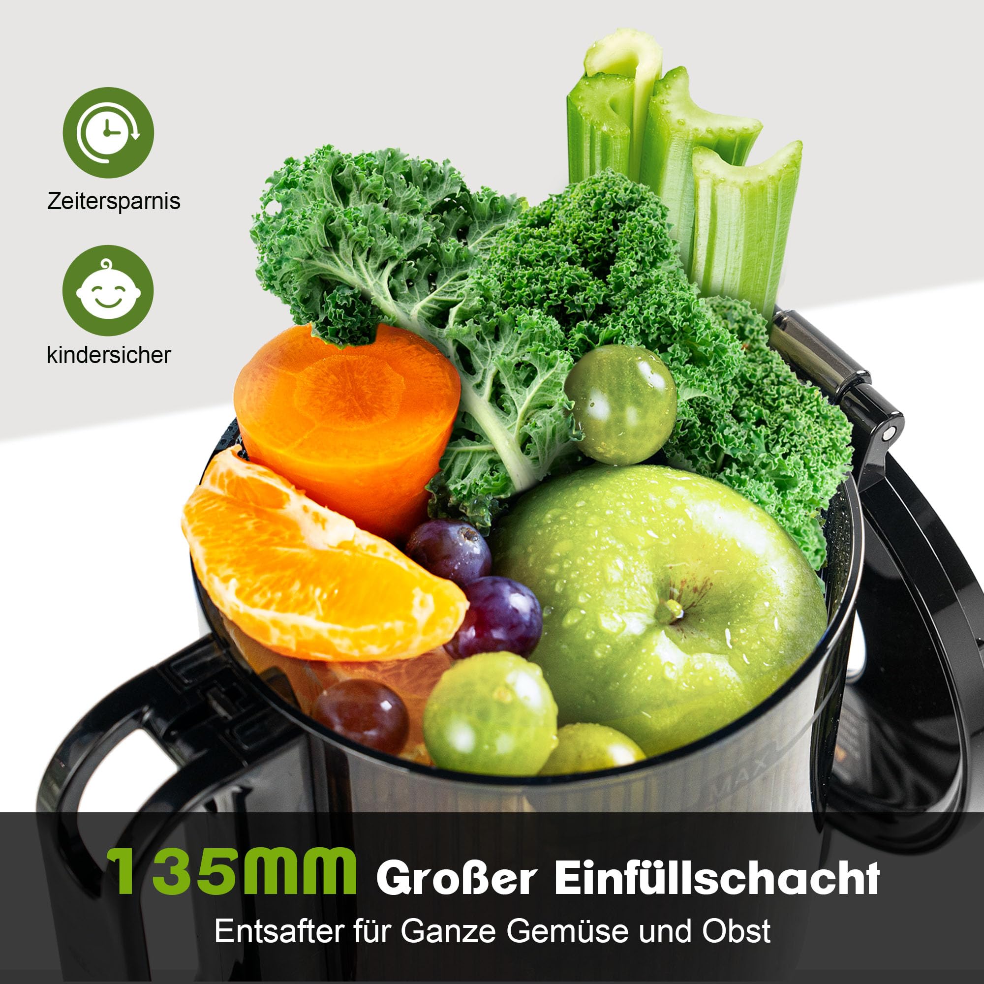 Fretta Entsafter Slow Juicer Edelstahl Entsafter Gemüse und Obst Testsieger | 135MM Öffnung & 1,8L Juicer Machine mit Umkehrfunktion, Einfache Installation, Leicht zu Reinigen, 100% BPA Frei, 250W