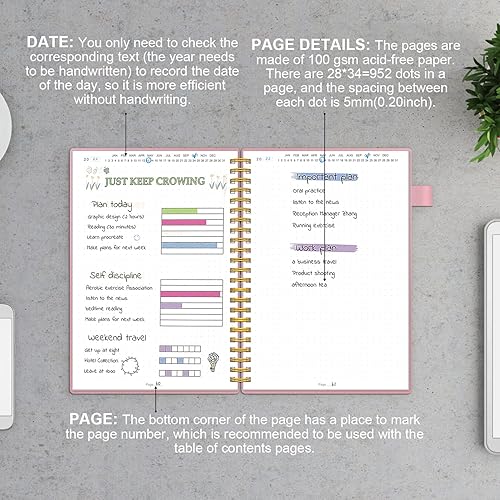 Miniatura 3 de Regolden-Book Cuaderno en espiral punteado sin fecha, tamaño A5, cuaderno de diario de cuadrícula media, cuaderno espiral grueso con portapluma 160