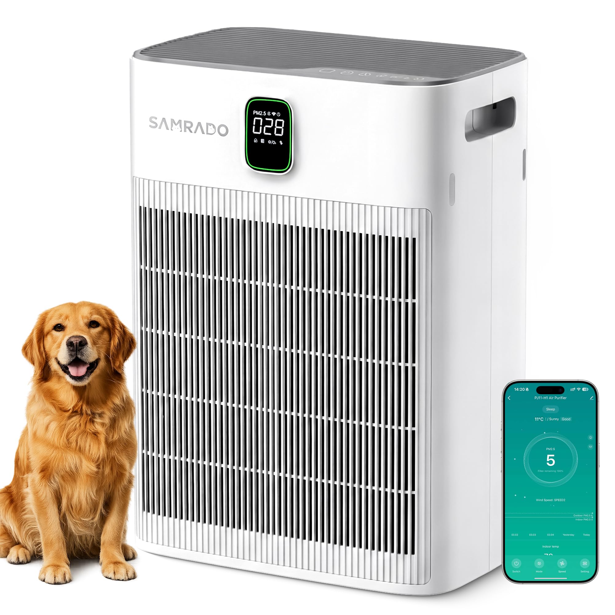 Luftreiniger, H13 HEPA, waschbarer Vorfilter, App, 100 m² | Doppelseitige Ansaugung, Waschbarer Vorfilter, 280 m³/h CADR bis 100 m², Smart Life App, leiser 3-W-Schlafmodus