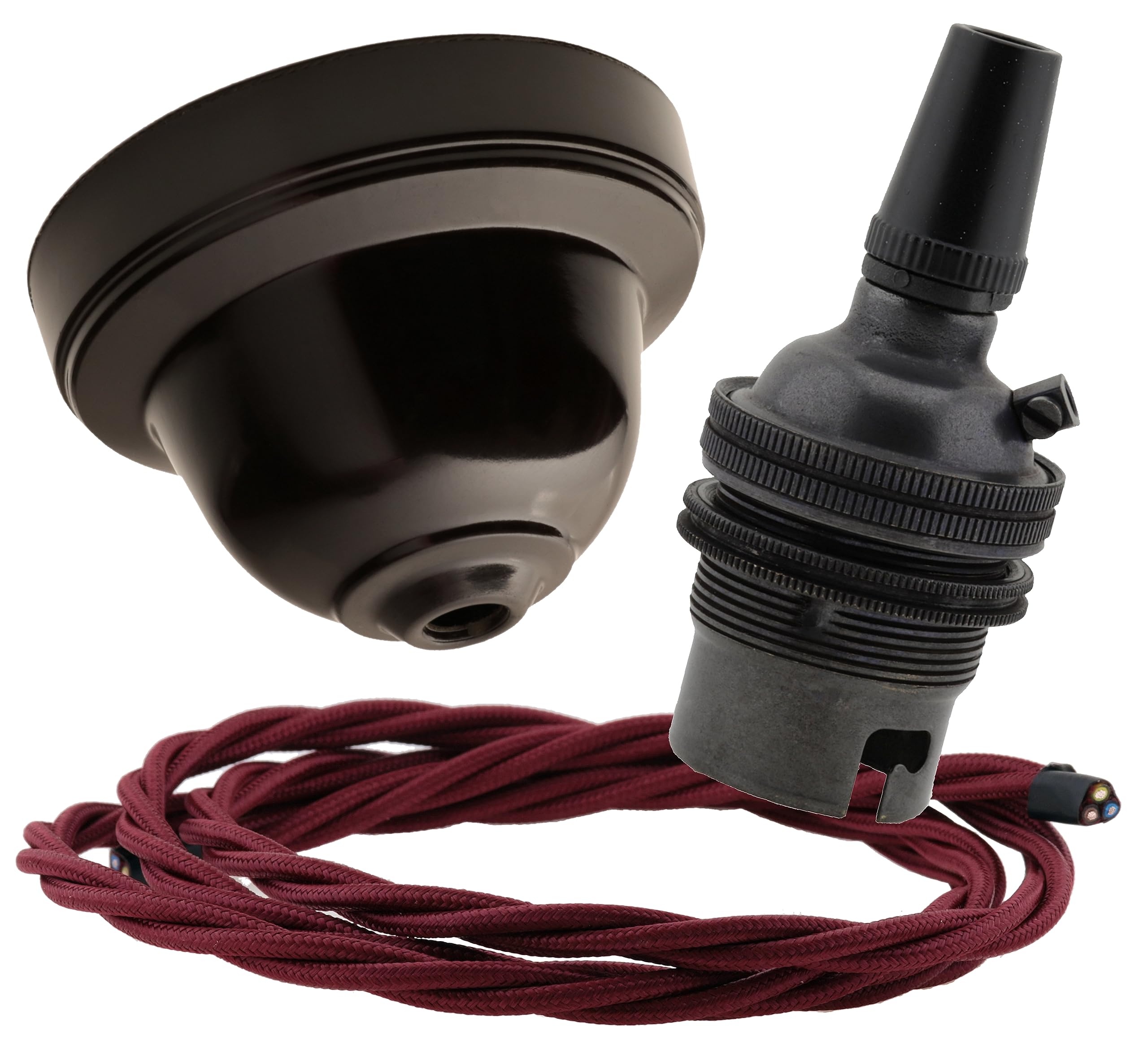 Repaireum Ltd. Vintage Styled Ceiling Pendant Kit incl. Brown Bakelite Rose, Traditional B22 Lampholder in Dark Bronze and 3 Core Rich Burgundy Braided Twisted Flex