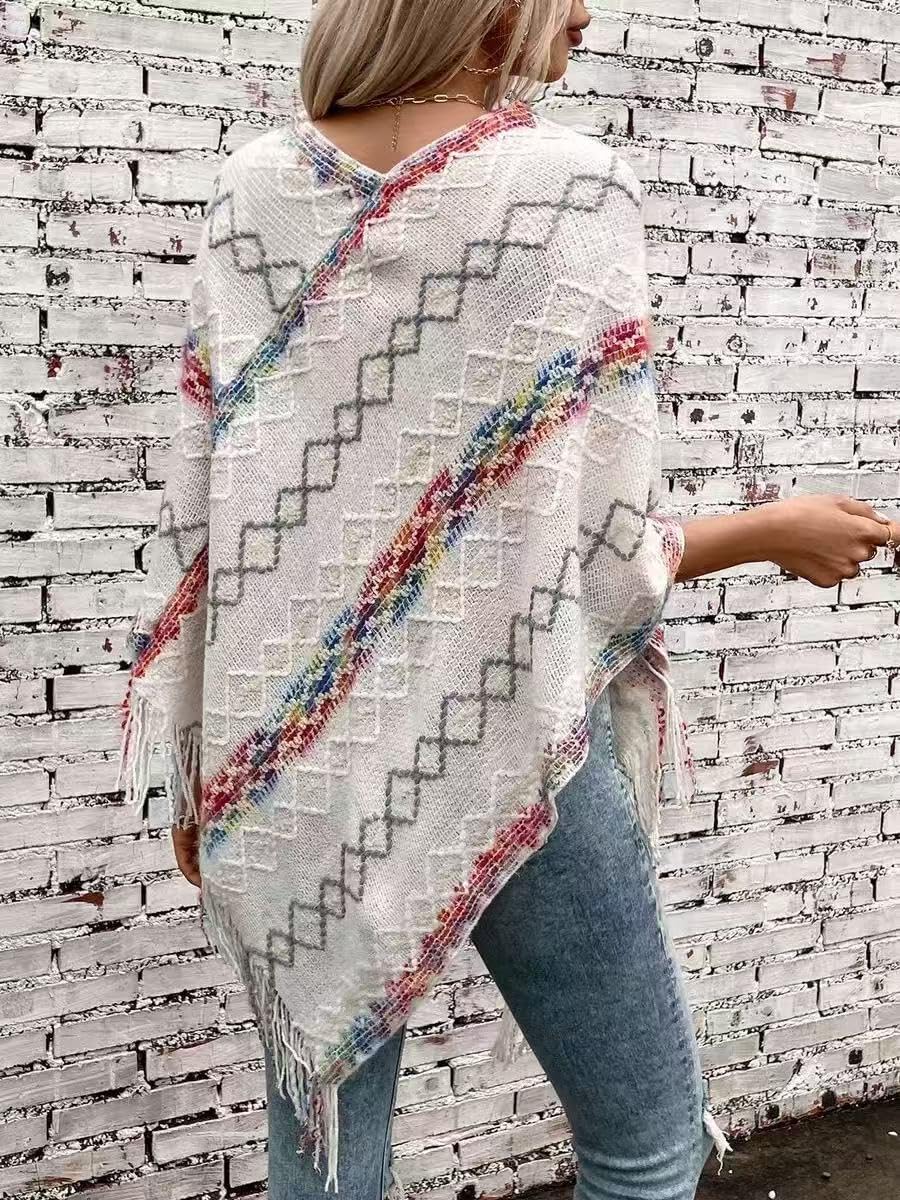 Women's Fringe Poncho Sweater Boho Shawl Cape Tassel Lightweight Shawl Wraps Oversized Knitted Pullover Top - Image 2