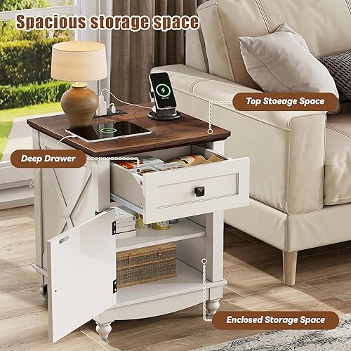 Miniatura 5 de Mesa auxiliar de granja con estación de carga, mesita de noche blanca de 18 pulgadas con puerta y armario de almacenamiento, mesita de noche con