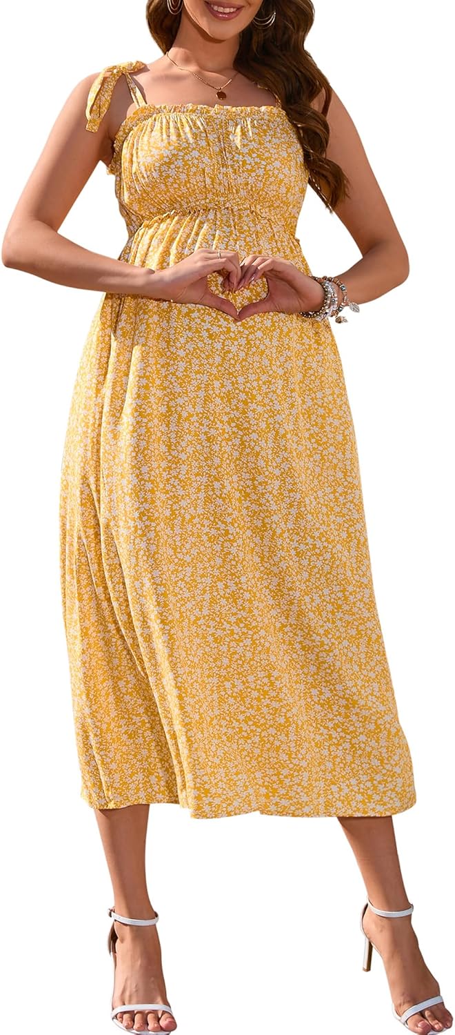 KOJOOIN Women's Maternity Smocked Summer Casual Dress Spaghetti Strap Sleeveless Maxi Dress