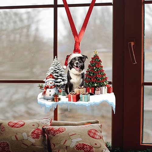 Miniatura 4 de Talataca Border Collie - Adorno de Navidad plano 2D, cajas de regalo Border Collie, decoración de árbol de pino, colgante de casa colgante para