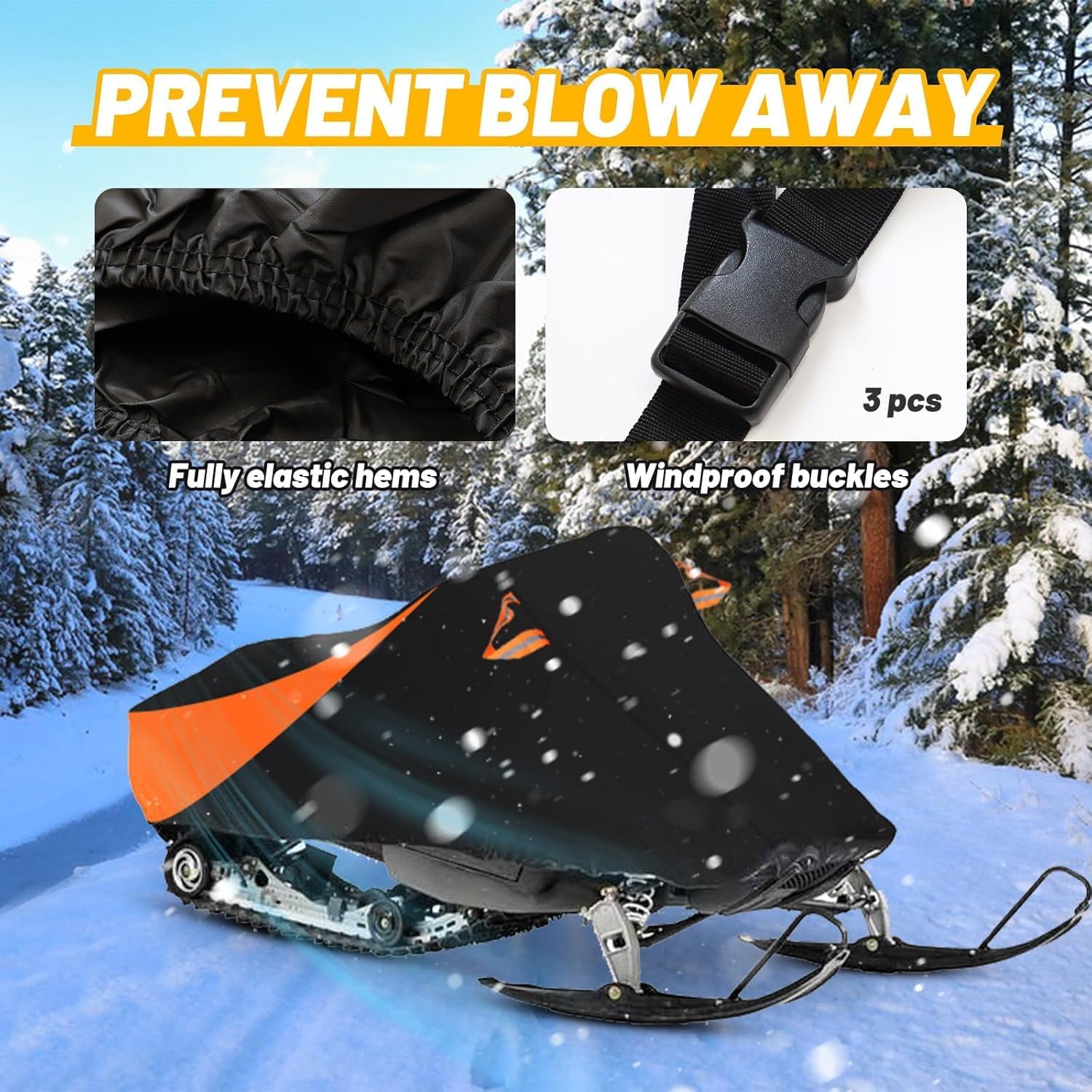 Trailerable Waterproof Snowmobile Cover, Compatible with Polaris Ski Doo Arctic Cat Yamaha, Windproof Snowshield Cover with Windproof Buckles (145''L × 51''W × 48''H) Black and Orange