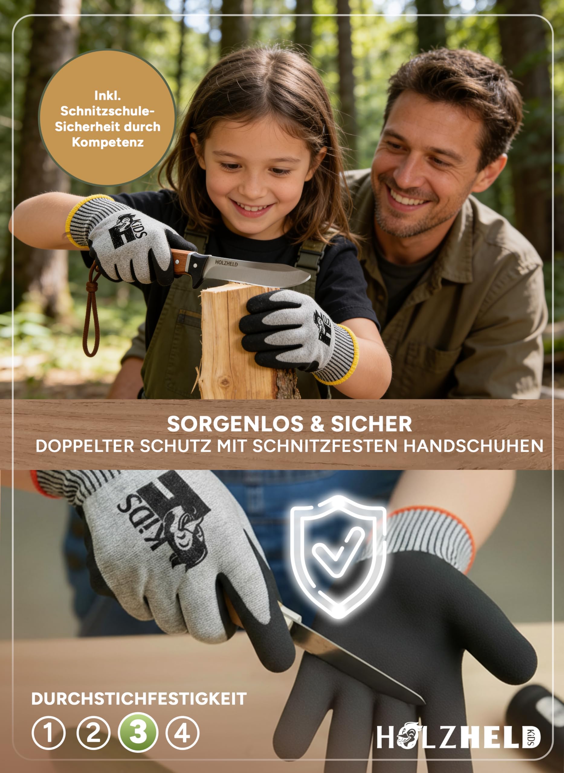HOLZHELD - Schnitzmesser Kinder mit Gürteltasche inkl. schnittfeste Handschuhe - sicheres Taschenmesser - Schnitzset - Schnitzen Kinder - Kindermesser ab 5, 6, 7, 8, 9, 10 Jahre - Größe 6