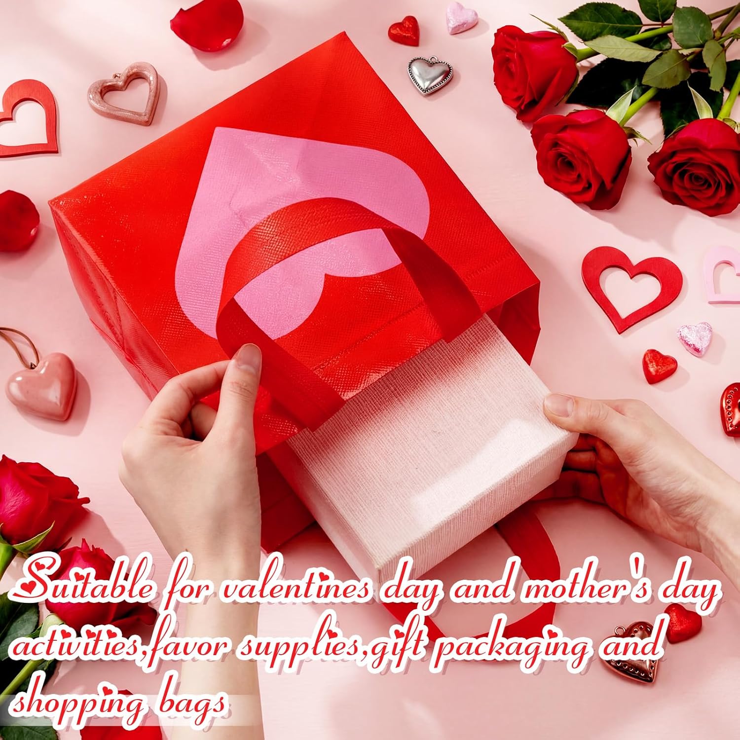 Kacctyen 60 Pcs Heart Gift Bags Bulk Valentines Day Non-woven Reusable Tote with Handles Galentine Goody Treat Shopping Bags for Birthday Wedding Party Favor, 10 x 8 x 4 Inch(Pink and Red) - Image 4