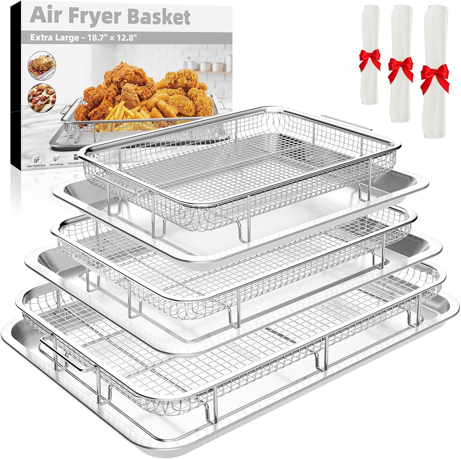 Air Fryer Basket for Oven, 3 Set Stainless Steel Oven Air Fryer Basket and Tray with 90 PCS Parchment Papers,YEPATER Air Fryer Pan and Crisper Tray for for Baking Grilling Cooking and Frying Air Fryer Basket for Oven, 3 Set Stainless Steel Oven Air Fryer Basket and Tray with 90 PCS Parchment Papers,YEPATER Air Fryer Pan and Crisper Tray for for Baking Grilling Cooking and Frying