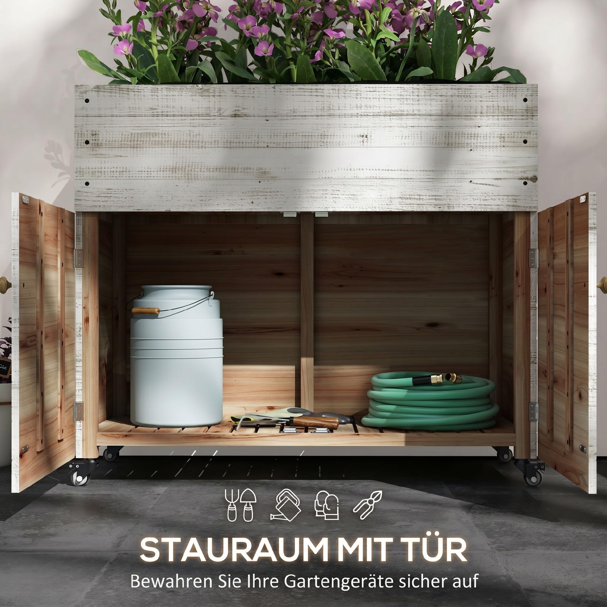Outsunny Hochbeet aus Holz mit Schrankfach, Rollen, 110 x 50 x 95 cm, Weiß | Kräuterbeet, Pflanzkasten, Gartenschrank, Blumenkasten mit Vliesstoff, Balkon, Garten