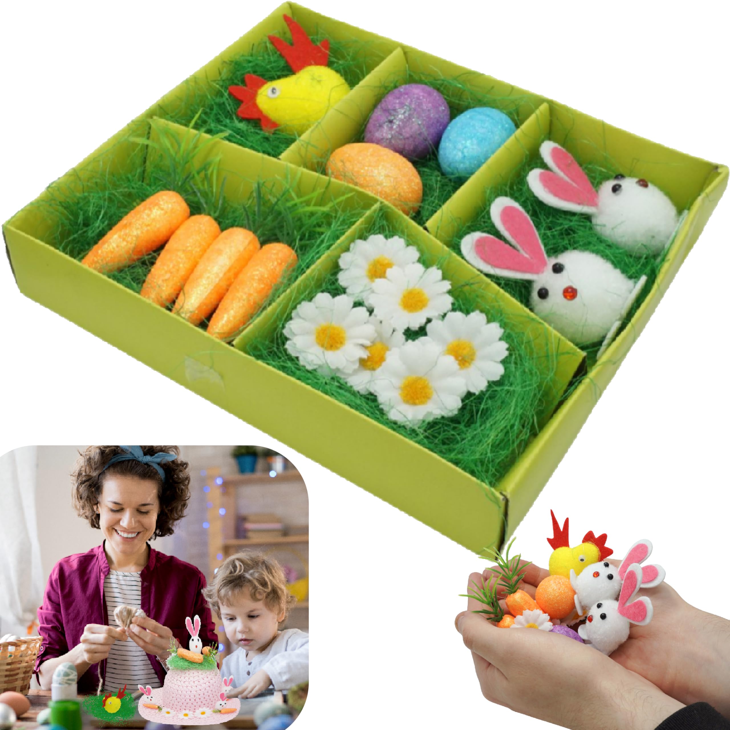 Srv Hub Girls 16Pcs Multicolours Decorting Set 16 Pcs Easter Bonnet Decorating Set Easter Bonnet Making Kit Decoration Accessory Easter Carrots Easter Bunny Easter Daisy Easter Glitter Eggs Easter Grass Easter Chicks