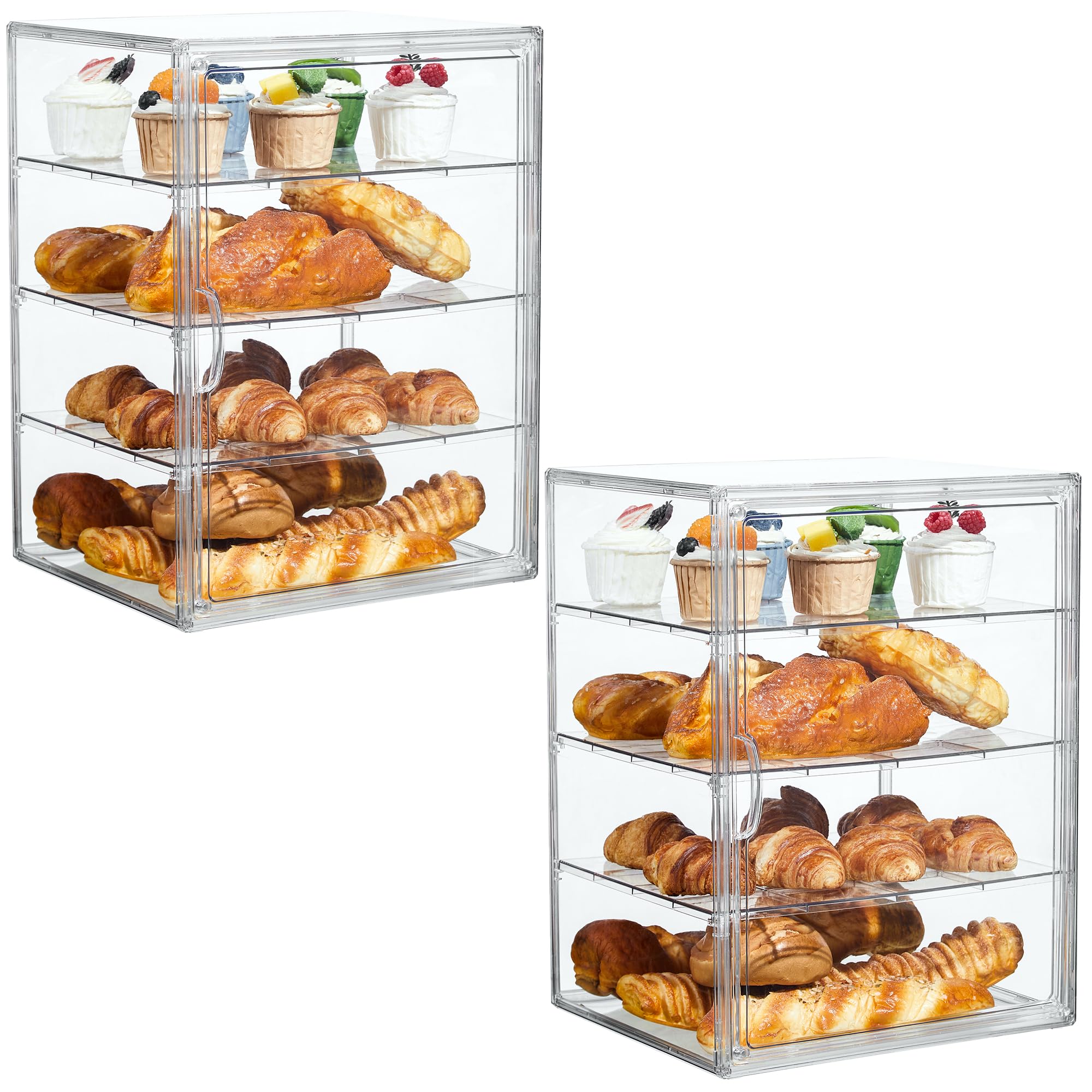 Pastry Display Case,Bread Box for Kitchen Countertop,4 Layers Detachable Clear Bread Storage with Magnetic Door Bakery Pastry Display15.5x11.4x9.8,2 Pack
