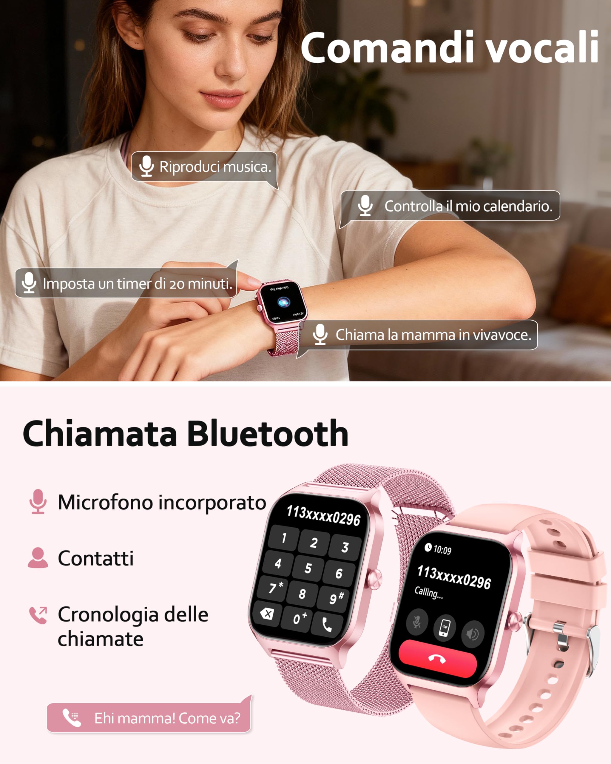 Popglory Smartwatch Uomo Donna, 1.85" Orologio Chiamate, Assistente AI, 100+ modalità Sportive Fitness Watch, Frequenza Cardiaca/SpO2/Pressione Sanguigna/Sonno/Stress, Regalo Android iOS (2 Cinturini)