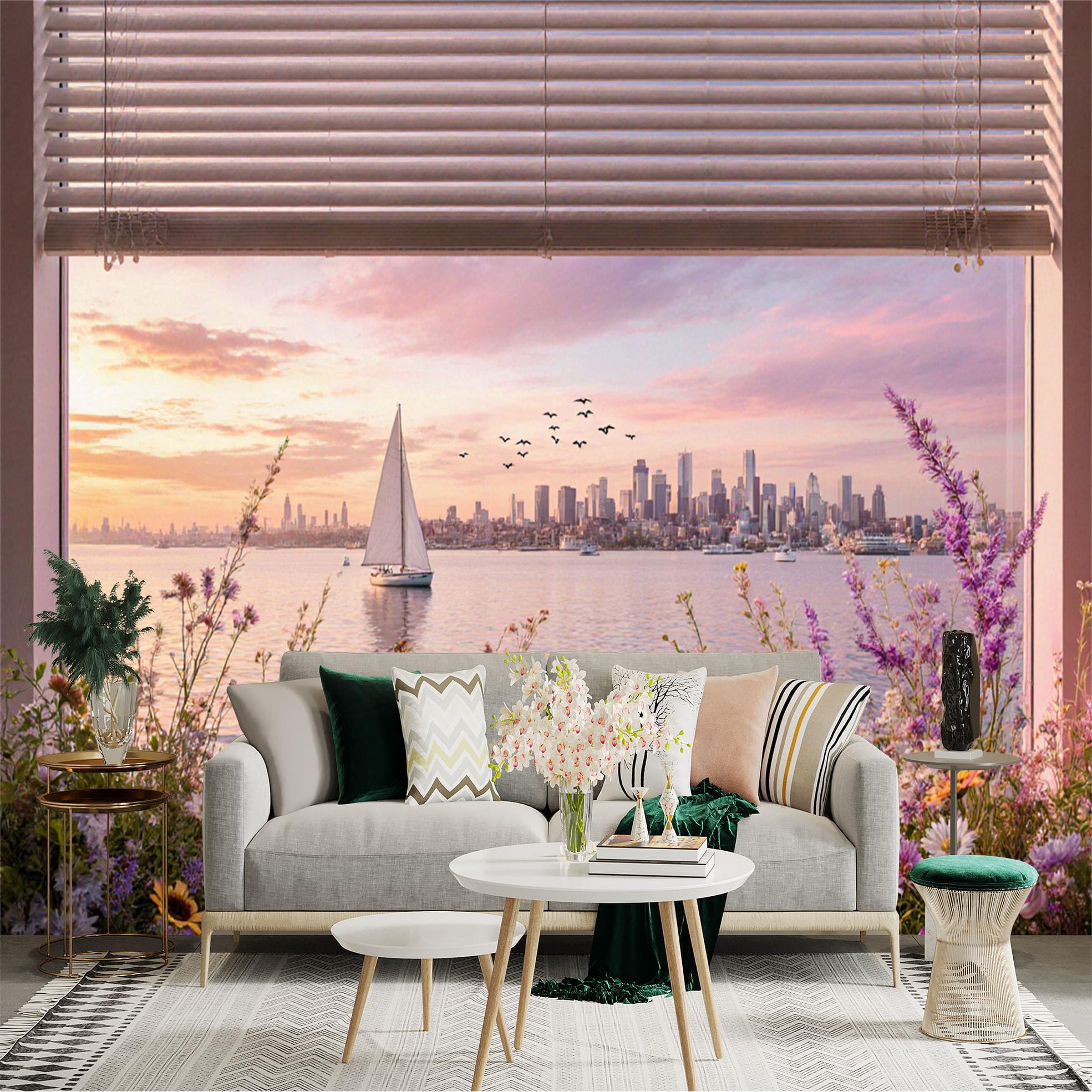 Custom Size Wall Sticker Mural， Sailboat on Calm Sea， City Skyline at Sunset， Flowers by Window， Scenic Coastal View， for wall Decoration， peelandstick wall Decals.