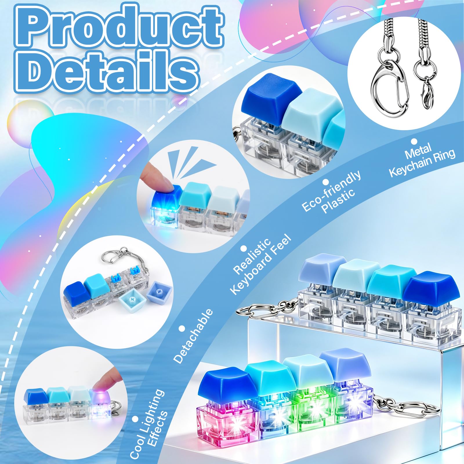 Zabawka Fidget Toys, 2 sztuki, zabawne, kolorowe zabawki fidget dla dorosłych ze światłem LED, klawiatura Fidget Keyboard, breloczek do kluczy, antystresowe, zabawka do strachu, biura, szkoły, podróży