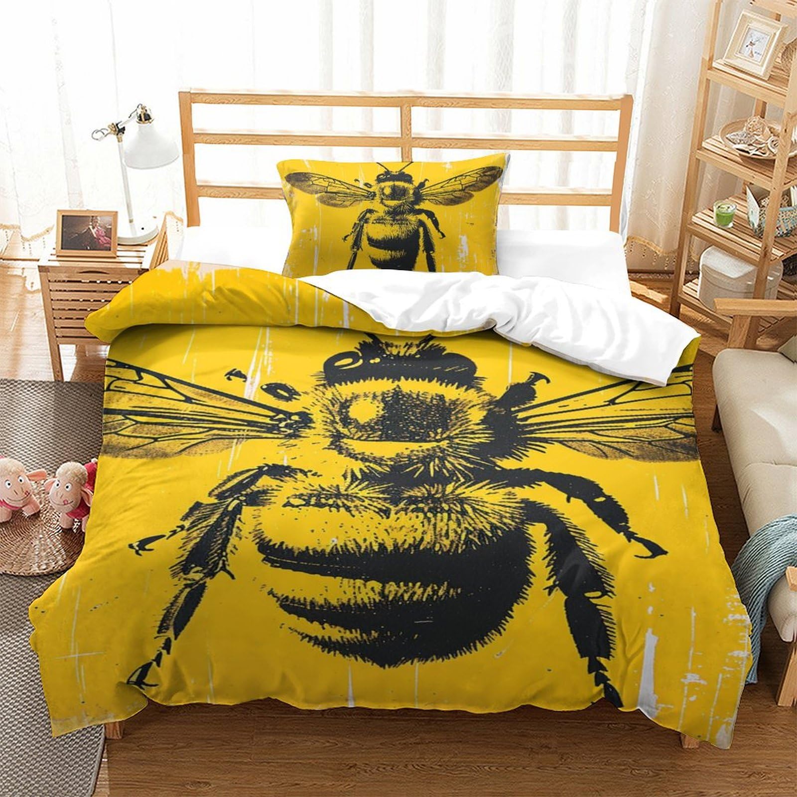Housse de couette abeille 135x200 microfibre avec taie d'oreiller