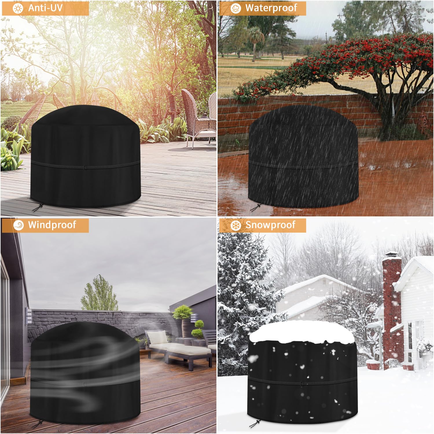 Dokon Large Fire Pit Covers Waterproof Firepit Cover Windproof Anti-UV Heavy Duty Oxford Fabric Outdoor Fire Bowl Cover, Garden Patio Heater Covers, Round (Ø80x50cm) - Black — view 3