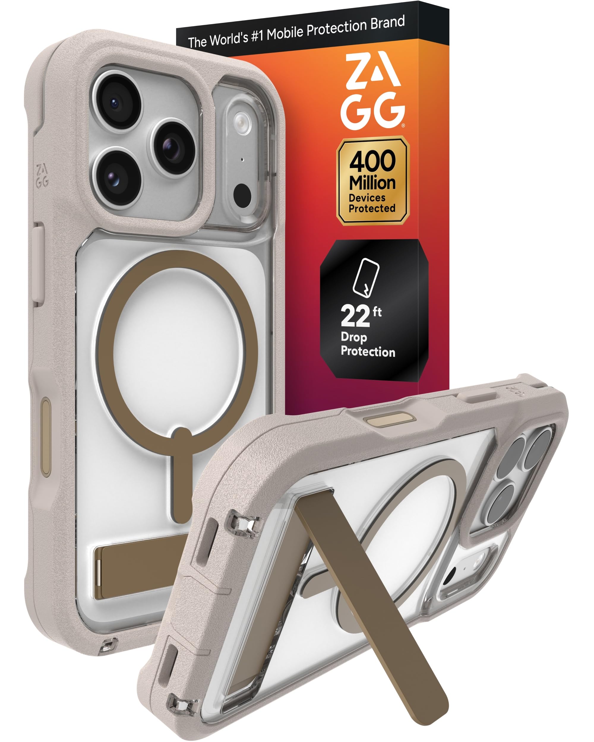 ZAGG Rainier Case with Kickstand for iPhone 17 Pro - Gray Sandstone Graphene 22ft 7m Drop Protection Lanyard
