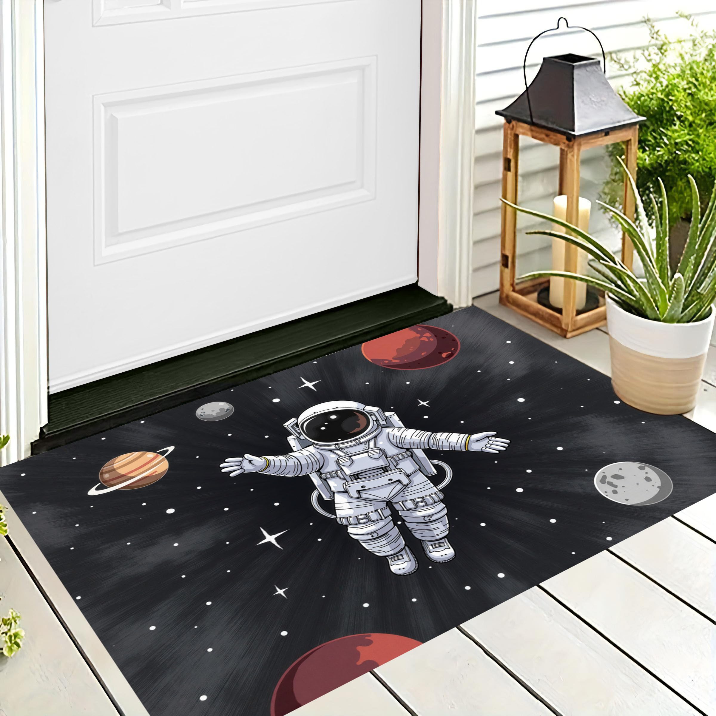 Fußmatte mit Astronauten für den Innenbereich, Cartoon-Science-Fiction-Stil Waschbare rutschfeste Teppichmatte für Eingangsbereich, Fußabtreter Innen für Terrasse Flur, 80x120cm