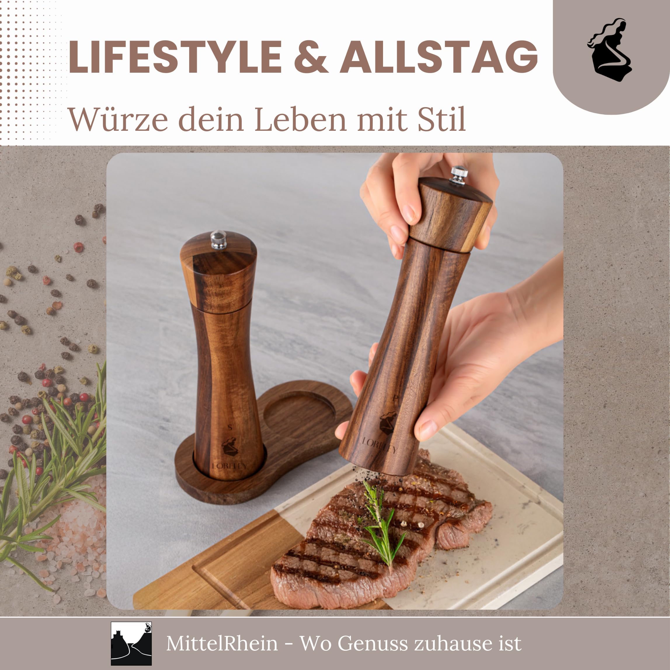 LORELEY® MITTELRHEIN Germany Salz- & Pfeffermühle aus Holz mit Keramikmahlwerk – inkl. Untersetzer & Pinsel – Gewürzmühle in Geschenkbox – Geschenk zur Hochzeit | Einweihung (Luxury Holz)