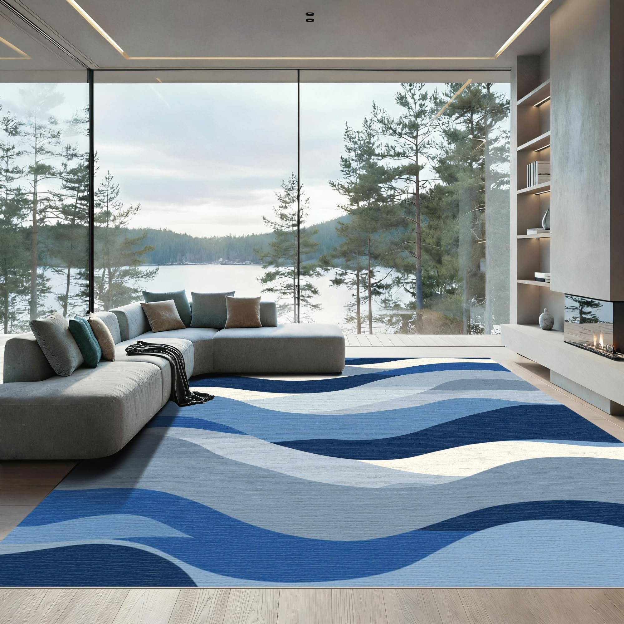 Flatwoven High Traffic Area Rug 6x9, Serene Ripple Design, Non Slip, Stain Resistant, Washable Area Rugs for Living Room, Bedroom(Blue, 6x9)