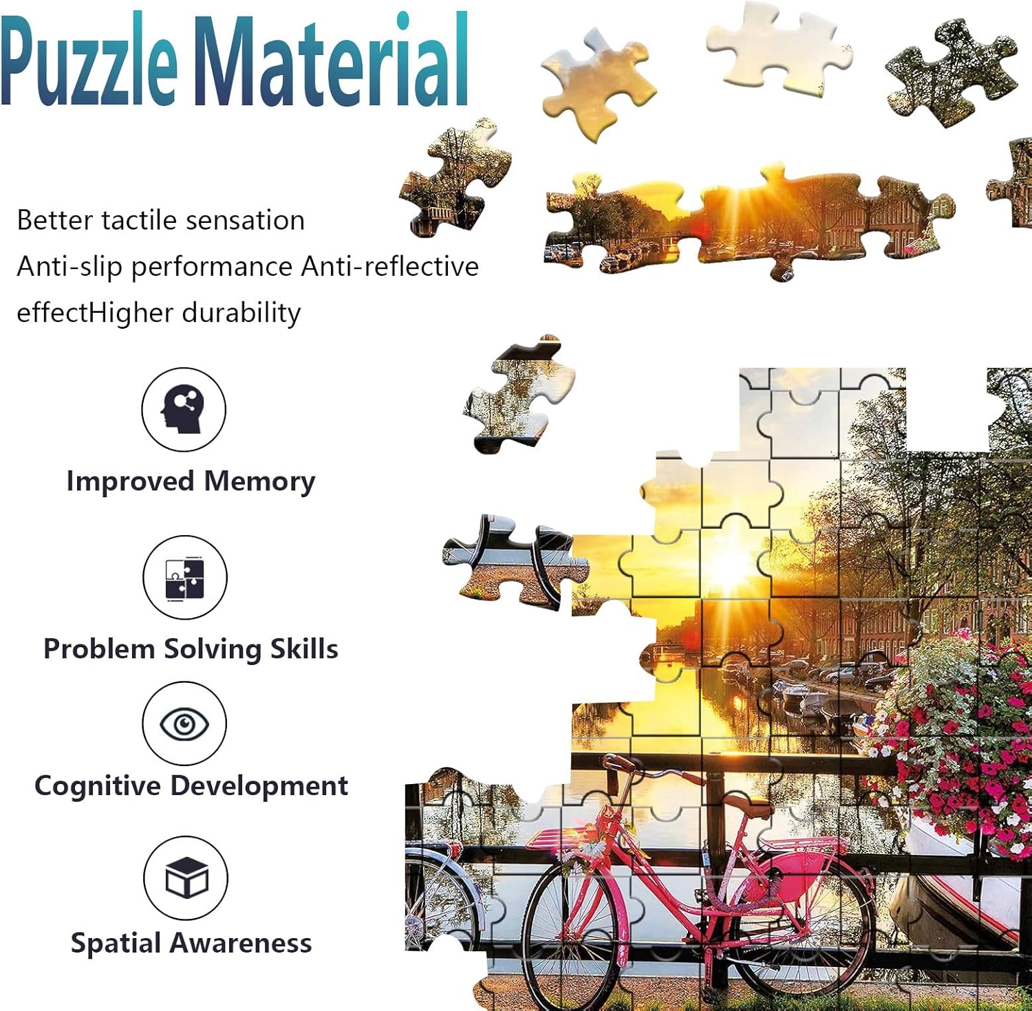 Puzzles for Adults Jigsaw 500 Piece Amsterdam Spring Quiet River Sunrise Flower with Bicycles for Fun Games Puzzle 20" x 14.5”