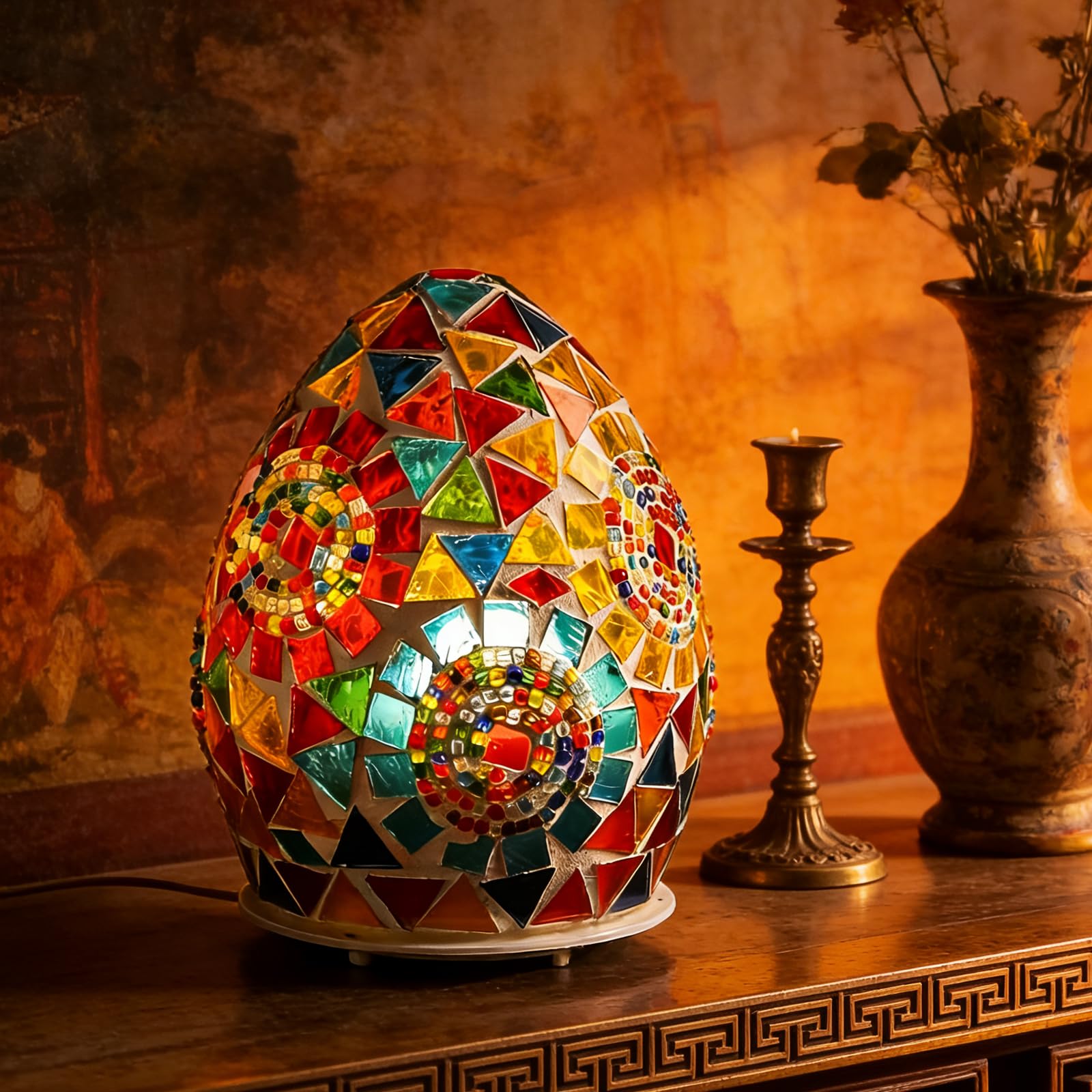 wpdash Rotating Egg-Shaped Tiffany Style Table Lamp (D:4.72" x H:5.91") Stained Glass Light with 360°Spinning Base Mosaic Night Light for Living Room Children's Room Festive Decoration & Gift