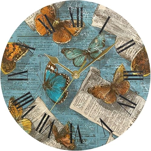 old Newspaper Butterflies Retro Blue 10 Inch Round bathroom wall clock non ticking Deco for Hotel Kitchen reloj de pared para cocina