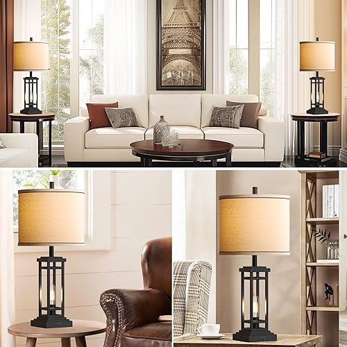 Miniatura 7 de ROTTOGOON 27.5 lámparas de mesa de granja altas con puertos de carga USB C + USB A, juego de 2 lámparas rústicas para sala de estar, lámpara de mesa