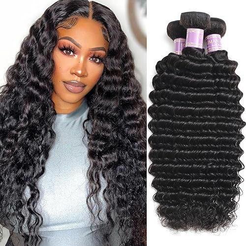 12A Human Hair Bundles 16 18 20 Inch Deep Wave Bundles Human Hair 100% Unprocessed Brazilian Virgin Deep Curly Human Hair Bundles Double Weft Deep Wave Hair Bundles Natural Black