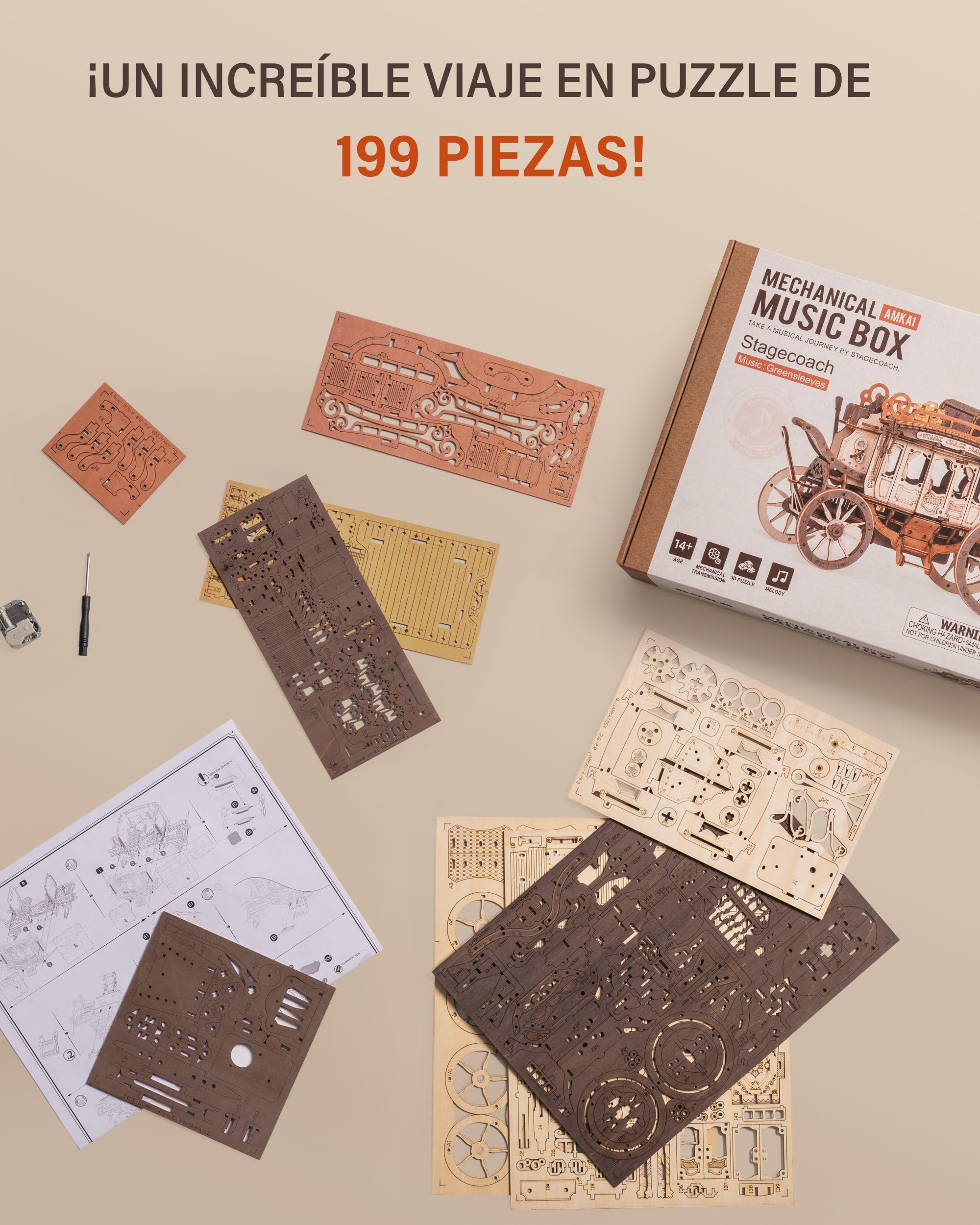 ROBOTIME Puzzle 3D Adultos, Caja De Música, Maquetas Madera para Construir, Rompecabezas para Montar, Construcciones Mecánicas de Motores, Corte por Láser, Regalos para Adolescentes - Diligencia