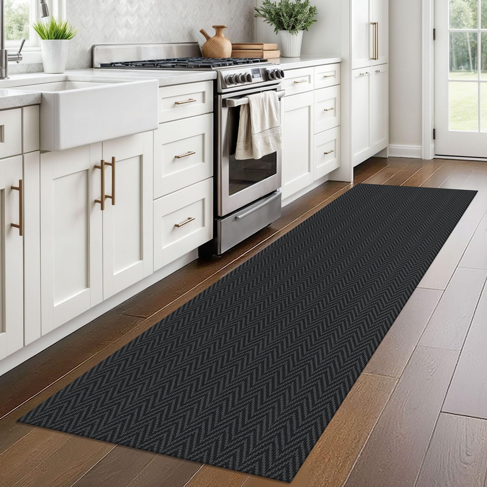 Alfombra trenzada de 2 x 8 pies, lavable, para pasillos, cocina, con respaldo de goma, de algodón, para entrada, interior, alfombra tejida para pasillo, cocina, dormitorio, color negro y gris