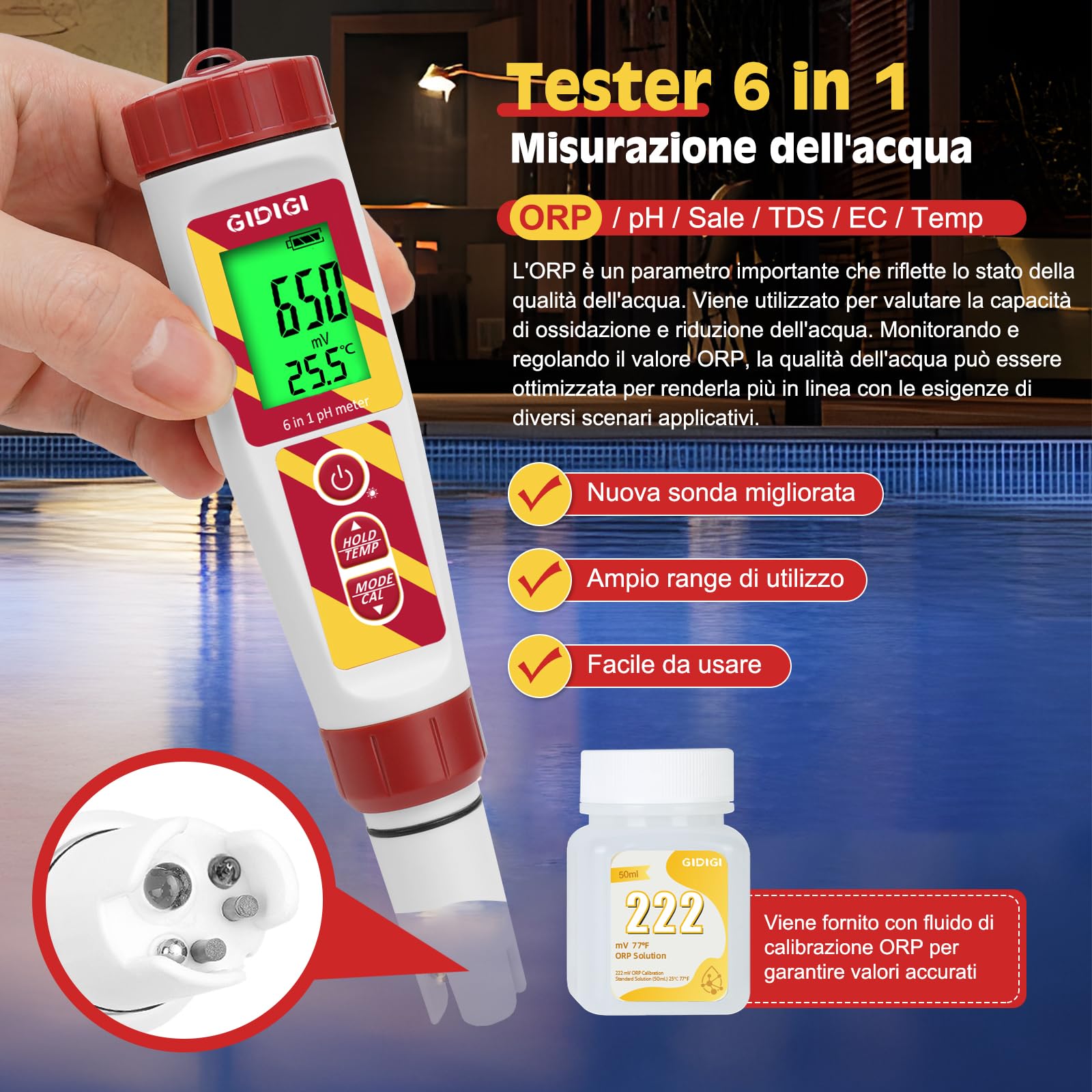 Misuratore pH digitale, 6 in 1 TDS EC Sale Temperatura pH ORP Tester con ORP 222mV Soluzione di calibrazione per piscina, spa, acqua potabile, idroponica, acquacoltura, trattamento delle acque,birra