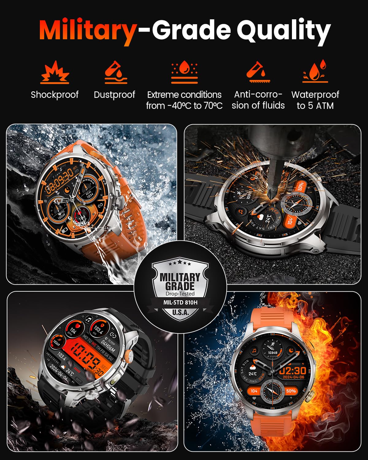 Montre Connectée Homme 1000mAh/5ATM Étanche/LED Lampe, 1.91" AMOLED Militaire Smartwatch Homme avec Appel Bluetooth, 113 Modes Sportifs, 24H Sommeil/Fréquence Cardiaque/Podomètre Android iOS Argenté