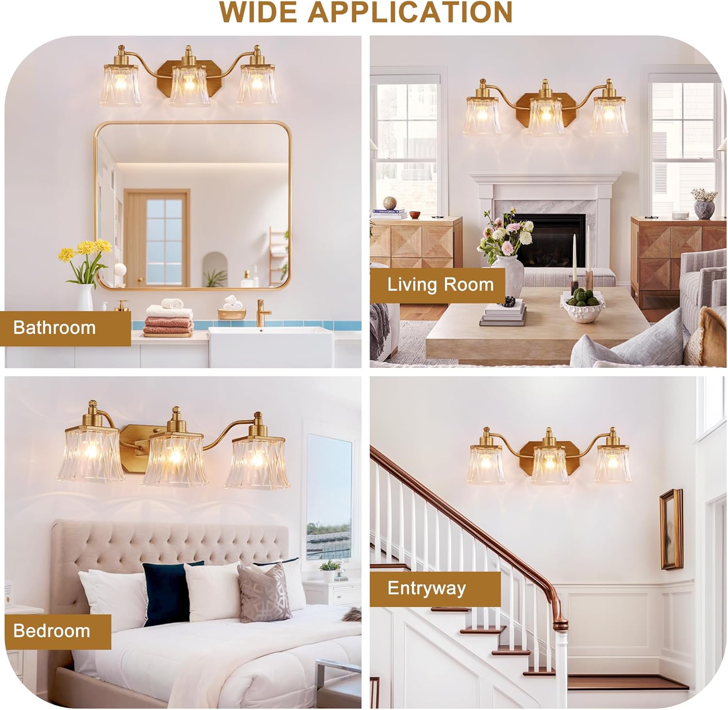 Vintage Bathroom Light Fixtures, 3-Light Gold Vanity Light with Ribbed Crystal Glass Shade, 21.4" Brushed Gold Vanity Lights for Bathroom Bedroom Living Room Hallway, E26 Base