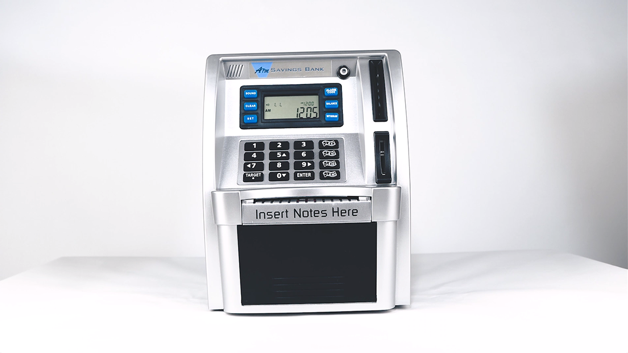 Amazon.com: ATM 儲蓄銀行適用於成人兒童附卡個人ATM 儲蓄存錢罐機適合男孩女孩密碼登錄硬幣識別平衡計算器電子保險箱(銀/黑色) :  玩具和遊戲